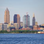 Cleveland skyline seen across Lake Erie from Lakewood Park, Ohio