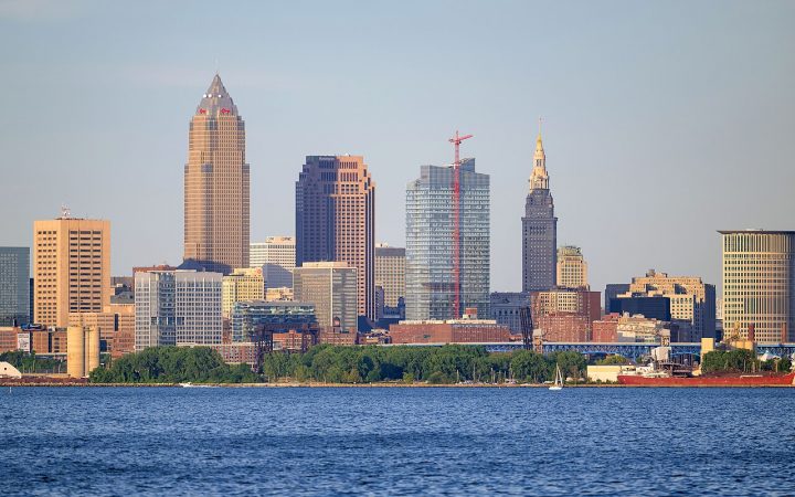 Cleveland skyline seen across Lake Erie from Lakewood Park, Ohio